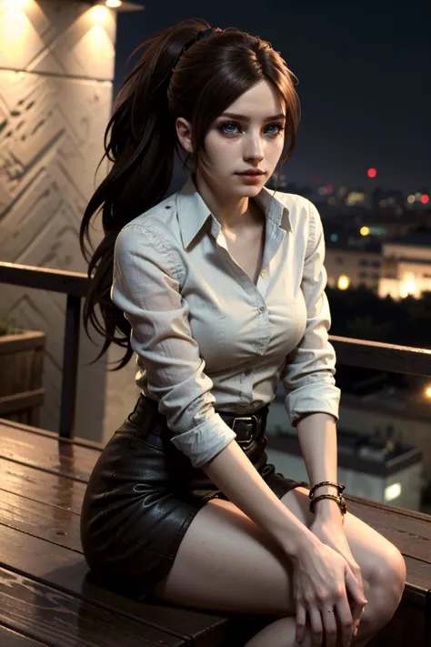 ((ultra detailed, masterpiece, absurdres))
 <lora:RERClaire:0.8>
RERClaire, 1girl, brown hair, blue eyes, ponytail, long hair, looking at viewer, overlooking the city from a rooftop bar at night, chic outfit, sitting