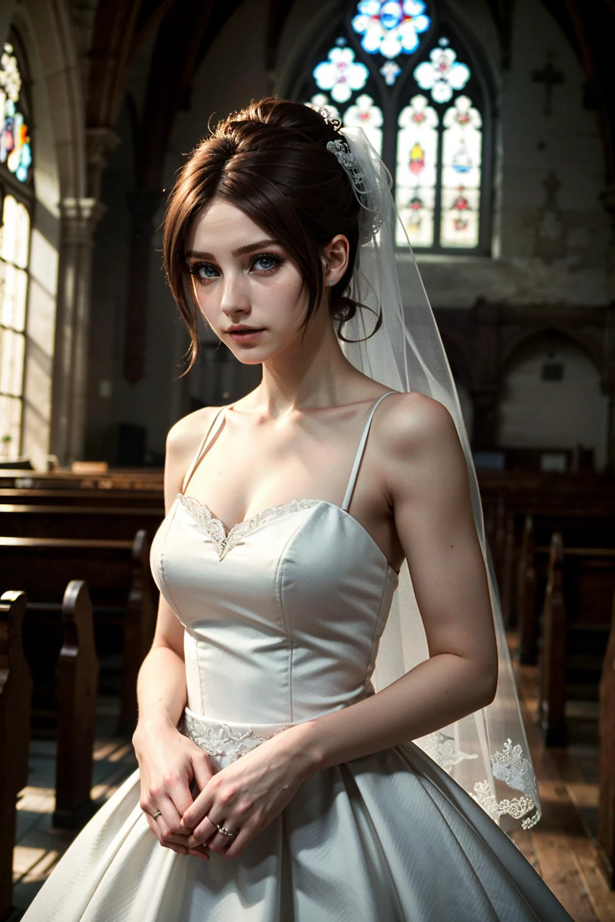 ((ultra detailed, masterpiece, absurdres))
<lora:RERClaire:0.8>
RERClaire, 1girl, brown hair, blue eyes, ponytail, long hair, looking at viewer, wearing a wedding dress, bridal veil, inside a church