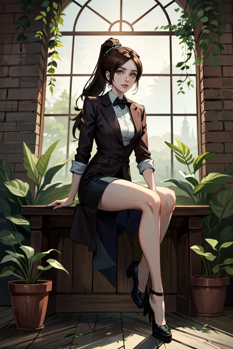 ((ultra detailed, masterpiece, absurdres))
 <lora:RERClaire:0.8>
RERClaire, 1girl, brown hair, blue eyes, ponytail, long hair, looking at viewer, full body, sitting, Vintage Botanical Garden with Elegant Archways