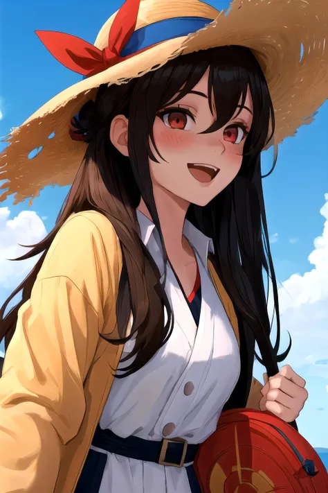 best quality, masterpiece, highres, solo, hatsushimo_kantaicollection:1.15, black_hair, long_hair, headband, red_eyes, blush, blazer, blue_headband, hair_between_eyes, low-tied_long_hair, brown_eyes, 1girl, blue_sky, dress, hat, looking_at_viewer, open_mouth, sky, smile, sun_hat, day, outdoors, straw_hat