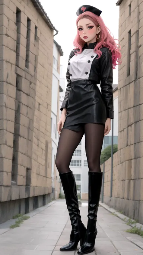 masterpiece,best quality,ultra detailed,detailed face,solo,earrings,8K,longleg,(((whole body))),<lora:RealPantyhose_1_0:0.35>,black color RealPantyhose,1girl,fundoshi,blush,high detailed skin,high quality,highly detailed,long legs,makeup,high heel boots,long curly hair,big eyes,pink eyeshadow,long eyelashes,red lips,full body female portrait,high detailed skin,8k uhd,soft lighting,makeup,key visual,vibrant,. 35mm photograph,film,bokeh,professional,4k,hime cut,nurse cap,nurse,doctor,floral background,garden,<lora:kdlegver-000008:0.6>,kendollegver,