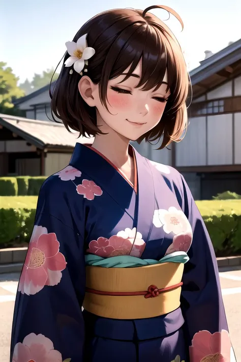 best quality, masterpiece, highres, solo, kanon_konomori_watashinitenshigamaiorita:1.15, blush, brown_hair, smile, short_hair, ahoge, bangs, brown_eyes, closed_mouth, closed_eyes, facing_viewer, flower, hair_flower, hair_ornament, japanese_clothes, kimono, multiple_girls, obi, sash, solo_focus, yukata, floral_print, upper_body