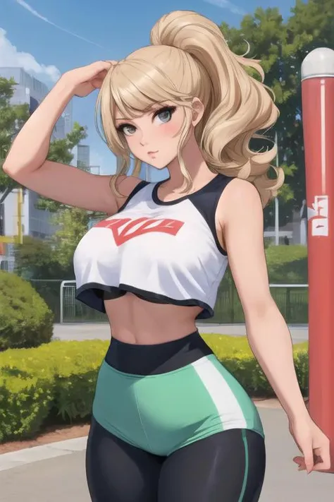 ((best quality)), voluptuous, big breasts, gyaru, skin tight leggings,  <lora:crop_top_overhang_v0.1:0.8> crop top, jogging, park