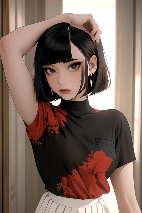masterpiece, best quality, 32k, insane details, intricate details,
1girl, fashion photography, in style of angura keihime - cut, straight hairin a minimalist Misasakan roomhigh-wistskirtcllaredshirt(short hair:1.4)stripedblunt bangs(Mole under eye:1.0),hand in pocketflowerearrings,
<lora:hime cut_20230820175457:0.8>