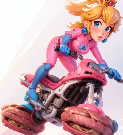highres,masterpiece,perfect lighting,bloom,cinematic lighting,adult,perfect skin,female,smile,narrow waist,skinny,<lora:PrincessPeachMovie:0.7>,(princesspeach:1.1),(princess peach:1.1),choker,detailled eyes,blue eyes,sensual,mushrooms,mushroom kingdom,pink lips,(glossy lips:1.21),pursed lips,glossy skin,oily skin,beautiful light,(day:1.3),bright,pink jumpsuit,motorcycle,hover bike,<lora:3DMM_V10:0.6>,3dmm,boots,