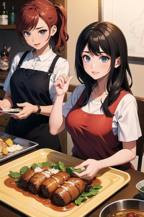 personaje anime style, A confident, curvy woman with a captivating smile, ((manos finas y detalladas)), mostrando su figura y una cintura bien definida, culata, vista trasera, en una encantadora escena de cocina, where she exudes the role of a skilled and stylish housewife, wearing a beautifully designed apron, Preparando perfectamente una deliciosa cena para impresionar a todos.