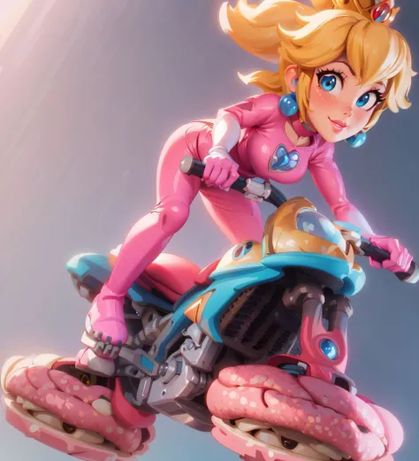 highres,masterpiece,perfect lighting,bloom,cinematic lighting,adult,perfect skin,female,smile,narrow waist,skinny,<lora:PrincessPeachMovie:0.7>,(princesspeach:1.1),(princess peach:1.1),choker,detailled eyes,blue eyes,sensual,mushrooms,mushroom kingdom,pink lips,(glossy lips:1.21),pursed lips,glossy skin,oily skin,beautiful light,(day:1.3),bright,pink jumpsuit,motorcycle,hover bike,<lora:3DMM_V10:0.6>,3dmm,boots,