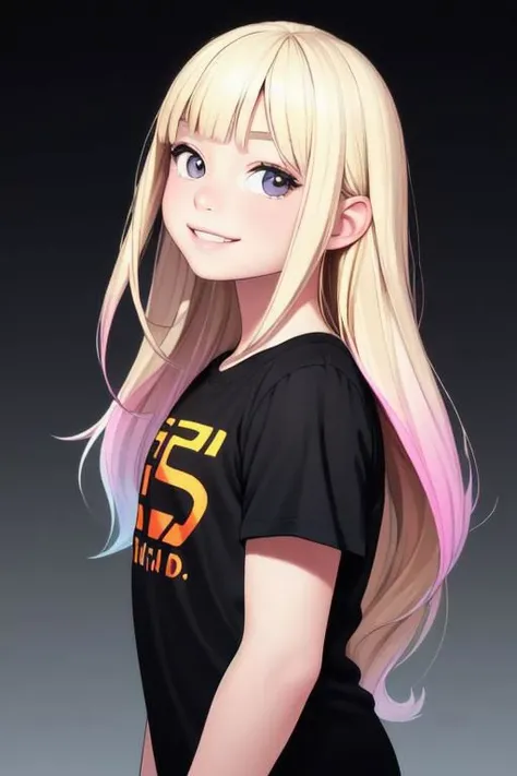 child,childish,cute,beautiful,lovely,(girl,1girl,middle school girl),blonde,white,european,ultra detailed skins,bangs,((long hair)),chubby,lovely lips,(smile),highlights,realism,gradient, gradient background, halftone, halftone background, a photorealistic painting,photorealism,Artgerm,fantastic,pink skin,blush,cgstudio,ultra detailed face,realistic,medium full shot:1.5,dark,darkish,horror,warm,black background,(black t-shirt),
