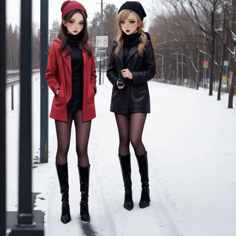 masterpiece,full body female portrait,high detailed skin,8k uhd,soft lighting,high quality,highly detailed,makeup,fundoshi,eyeshadow,long_eyelashes,key visual,vibrant,high heel boots,. 35mm photograph,film,bokeh,highly detailed,2girls,professional,4k,full body pantyhose,tutututu,kendollegver,hime cut,red_lips_,blush,looking at another,bodystocking,black_pantyhose,tutututu,<lora:tutuJG:0.6>,hair ribbon,snow,winter,<lora:kdlegver:0.5>,yuri,scarf,braided ponytail,knit hat,railroad tracks,red hooded cloak,sweater dress,