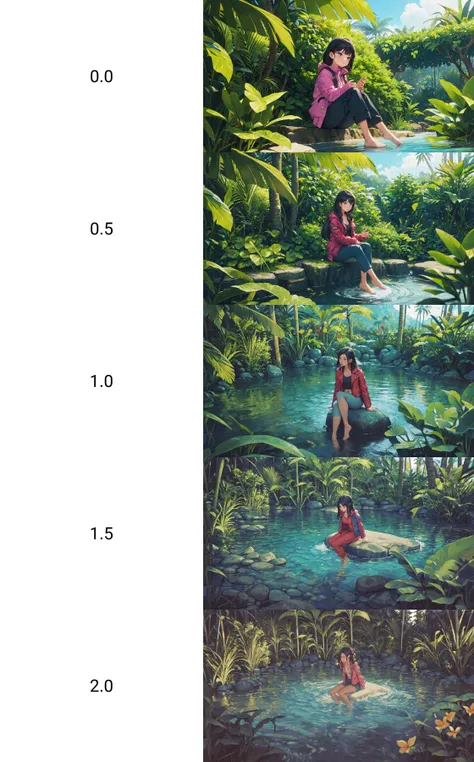 1girl, solo, pants, wide shot, outdoors, barefoot, water, black hair, sitting, long sleeves, plant, jacket, scenery, tropical garden <lora:kleggs:0.0>, BREAK masterpiece, best quality