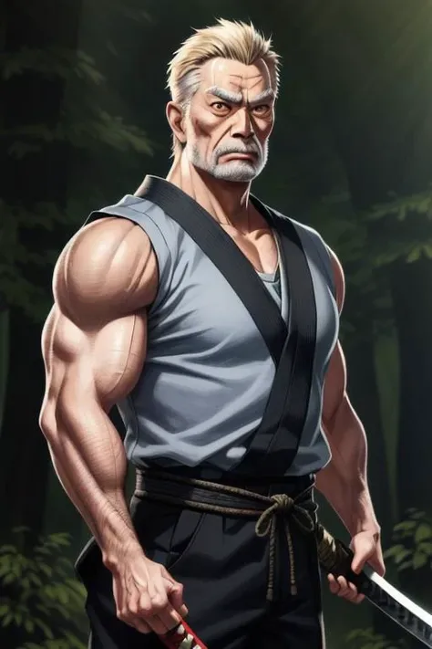 An old man in forest, muscular, samurai, holding katana with two hands, highlights, a photorealistic painting,photorealism,Artgerm,fantastic,pink skin,blush,cgstudio,ultra detailed face,realistic,medium full shot:1.2,dark,darkish,horror,warm,