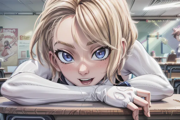 solo character, portrait of ( <lora:gwen_1.5:1>), Gwen Stacy,(cute, adorable, sexy girl:1.2), (large breasts:1.2), (perfect eyes, face:1.2), (sitrting a table in school in superhero class:1.3), (portrait lighting, studio lighting:1.3), smooth vertex shading, smooth perfect skin, (best quality, masterpiece, 4k, ultra detailed, sharp focus, 8k, high definition, insanely detailed, intricate:1.2),<lora:lit:0.55>, <lora:Loraeyes_V1:0.5>, <lora:more_details:1.3>