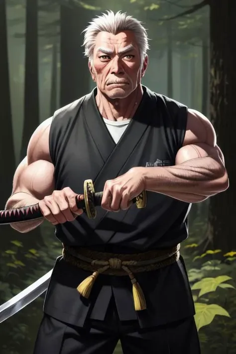 An old man in forest, muscular, samurai, holding katana with two hands, highlights, a photorealistic painting,photorealism,Artgerm,fantastic,pink skin,blush,cgstudio,ultra detailed face,realistic,medium full shot:1.2,dark,darkish,horror,warm,