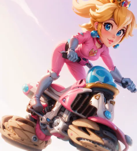 highres,masterpiece,perfect lighting,bloom,cinematic lighting,adult,perfect skin,female,smile,narrow waist,skinny,<lora:PrincessPeachMovie:0.7>,(princesspeach:1.1),(princess peach:1.1),choker,detailled eyes,blue eyes,sensual,mushrooms,mushroom kingdom,pink lips,(glossy lips:1.21),pursed lips,glossy skin,oily skin,beautiful light,(day:1.3),bright,pink jumpsuit,motorcycle,hover bike,<lora:3DMM_V10:0.6>,3dmm,boots,
