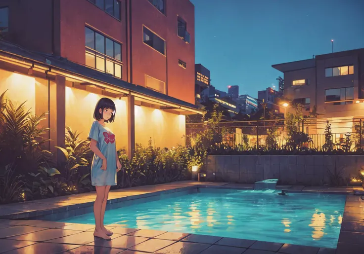 1girl, solo, loose clothes, tshirt, wide shot, city, plants, fence, hotspring, traditional <lora:kleggs:1>, masterpiece, best quality,