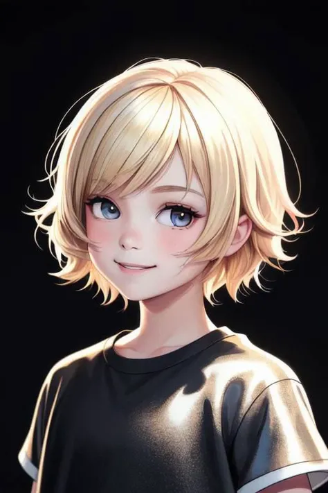 child,childish,cute,beautiful,lovely,(boy,1boy,middle school boy),blonde,white,european,ultra detailed skins,bangs,((short hair)),chubby,lovely lips,(smile),highlights,realism,gradient, gradient background, halftone, halftone background, a photorealistic painting,photorealism,Artgerm,fantastic,pink skin,blush,cgstudio,ultra detailed face,realistic,medium full shot:1.5,dark,darkish,horror,warm,black background,(black t-shirt),