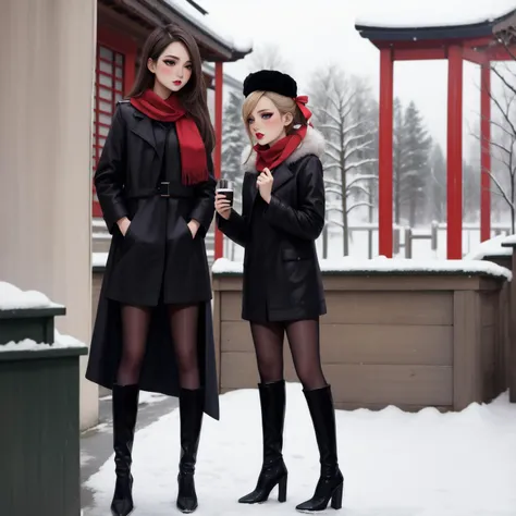 masterpiece,full body female portrait,high detailed skin,8k uhd,soft lighting,high quality,highly detailed,makeup,fundoshi,eyeshadow,long_eyelashes,key visual,vibrant,high heel boots,. 35mm photograph,film,bokeh,highly detailed,2girls,professional,4k,full body pantyhose,tutututu,kendollegver,hime cut,red_lips_,blush,looking at another,hair bun,bodystocking,black_pantyhose,tutututu,<lora:tutuJG:0.6>,hair ribbon,east asian architecture,garden,snow,winter,<lora:kdlegver:0.5>,fur-trimmed red long coat,yuri,scarf,fur_hat,