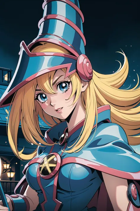 (highres, high quality:1.1), cinematic lighting, intricate, extremely detailed, adult female, 1girl, blue eyes, long blonde hair, friendly smile, NIME_dark_magician_girl_YuGiOh_ownwaifu