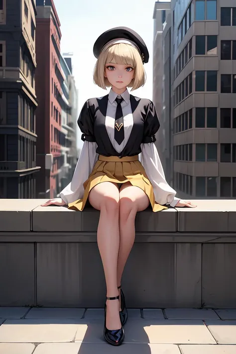 (masterpiece, best quality), female golden age, slender, maori, hazel eyes, wide nose, tapered chin, long face shape, elegant wrists, cleft chin, platinum blonde
bob cut hair, happiness
wearing __bo/properties/color__ latex tie-dye
flared skirt, herringbone
balconette bra, oxford shoes, beret,
, sitting with arms and legs crossed, appearing closed-off