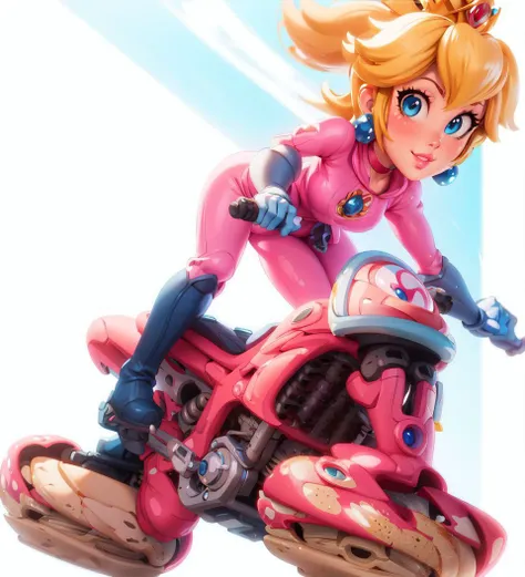 highres,masterpiece,perfect lighting,bloom,cinematic lighting,adult,perfect skin,female,smile,narrow waist,skinny,<lora:PrincessPeachMovie:0.7>,(princesspeach:1.1),(princess peach:1.1),choker,detailled eyes,blue eyes,sensual,mushrooms,mushroom kingdom,pink lips,(glossy lips:1.21),pursed lips,glossy skin,oily skin,beautiful light,(day:1.3),bright,pink jumpsuit,motorcycle,hover bike,<lora:3DMM_V10:0.6>,3dmm,boots,