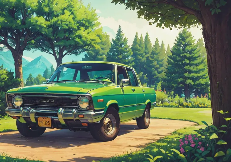 grass, outdoors, ground vehicle, tree, 1boy, scenery, nature, wide shot, pants, plant, motor vehicle, window <lora:kleggs:1>, masterpiece, best quality