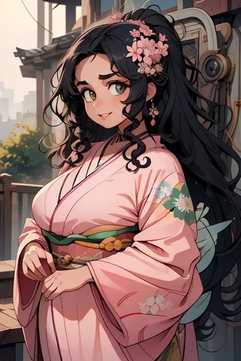 (masterpiece:1.4), high quality, high definition, sharp focus, detailed face, anime, best quality, 4k, 8k, absurd resolution, intricate detail, detailed hands, detailed eyes, animation, illustration, highly detailed, highres, extremely detailed, <lora:hyperdenoiser_v090:0.6>, 1girl, OverallDetail, <lora:sensualface_type2:0.6>, naughty smile, choker, (pink kimono:1.4), cleavage, (fishnets), breasts, plump, curvy,<lora:ETO_OCC002:0.7> ETO_OCC, black hair, curly hair,longhair, thick eyebrows, (looking at viewer), (hazel eyes:1.3), <lora:ETO_OC:0.2> ETO-OC,<lora:arm-mechs-darquelilly-v1:1> hydroformmech