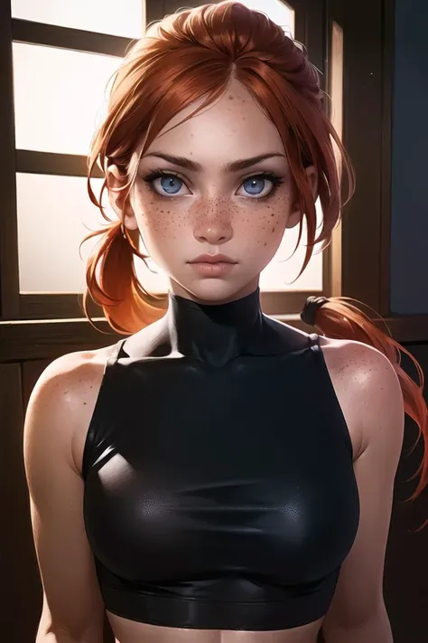 (8k, RAW photo, highest quality),(epic realistic:1.5), a girl, dynamic posture,erotic face,crop top,(detailed eyes:0.8),(looking at the camera:1.4), (highest quality), (best shadow),intricate details,cinematic,((skin:1.4)),interior, (long ponytail ginger hair:1.3),dark studio,(hdr:1.5),detailed, muted colors, freckles