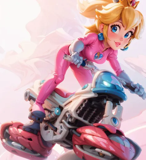 highres,masterpiece,perfect lighting,bloom,cinematic lighting,adult,perfect skin,female,smile,narrow waist,skinny,<lora:PrincessPeachMovie:0.7>,(princesspeach:1.1),(princess peach:1.1),choker,detailled eyes,blue eyes,sensual,mushrooms,mushroom kingdom,pink lips,(glossy lips:1.21),pursed lips,glossy skin,oily skin,beautiful light,(day:1.3),bright,pink jumpsuit,motorcycle,hover bike,<lora:3DMM_V10:0.6>,3dmm,boots,