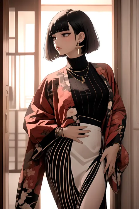 masterpiece, best quality, 32k, insane details, intricate details,
1girl, fashion photography, in style of angura keihime - cut, straight hairin a minimalist Misasakan roomhigh-wistskirtcllaredshirt(short hair:1.4)stripedblunt bangs(Mole under eye:1.0),hand in pocketflowerearrings,
<lora:hime cut_20230820175457:0.8>