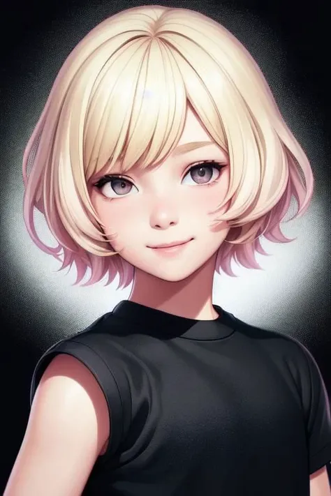 child,childish,cute,beautiful,lovely,(boy,1boy,middle school boy),blonde,white,european,ultra detailed skins,bangs,((short hair)),chubby,lovely lips,(smile),highlights,realism,gradient, gradient background, halftone, halftone background, a photorealistic painting,photorealism,Artgerm,fantastic,pink skin,blush,cgstudio,ultra detailed face,realistic,medium full shot:1.5,dark,darkish,horror,warm,black background,(black t-shirt),
