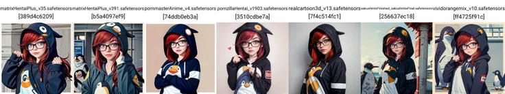 redhead in a penguin costume, wearing glasses, hood up, sleeves_past_wrists, upper body, <lora:mebmixS:0.72>, <lora:LCM_LoRA_Weights_SD15:0.96>