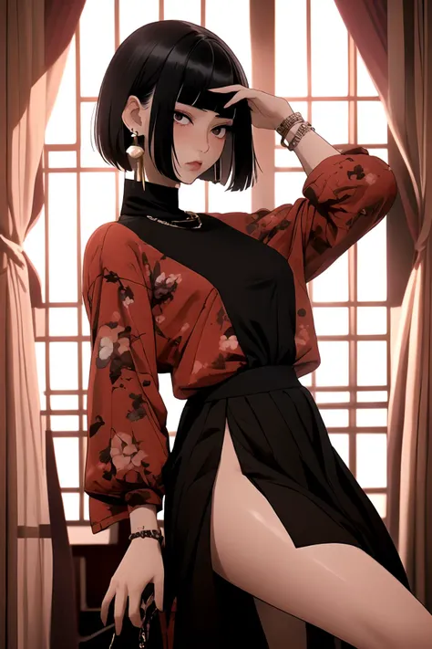 masterpiece, best quality, 32k, insane details, intricate details,
1girl, fashion photography, in style of angura keihime - cut, straight hairin a minimalist Misasakan roomhigh-wistskirtcllaredshirt(short hair:1.4)stripedblunt bangs(Mole under eye:1.0),hand in pocketflowerearrings,
<lora:hime cut_20230820175457:0.8>