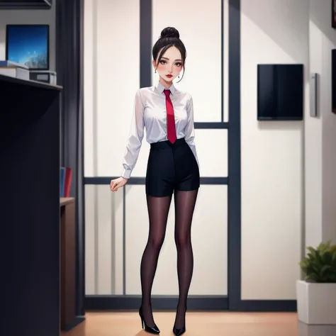 Photorealistic, just like image but real girl, waitress in a bar club leaning on a bar doing a standing split in pantyhose and high heels, leg that is extended is wearing a black stiletto high heel (Christian Louboutin high heel on foot above her head), (((black hair)(long black wavy hair with bangs, black bangs hair))), black pantyhose with cotton gusset at the crotch, skimpy black waitress uniform with a ((wearing a gold name tag on her shirt)), 20 yrs old, black sheer gloss pantyhose, cute bubble butt in pantyhose out to the side, (((black pantyhose with cotton panel crotch))), one leg is straight up hyper extended, holding leg up with one arm, hand grabbing ankle of leg that is up, girl face is beautiful and looking right at the camera, photorealistic, shiny realistic black pantyhose, (((cute pantyhose foot above her head with Christian Louboutin high heel))), (extend image to show her foot on extended leg), she leans on a bar in a night club, (((man in a suit stands beside her and also holds her leg up))), (((sexy waitress at a fancy NY bar)))