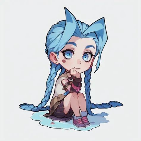 <lora:JinxLol:2>, (masterpiece, 8k, 4k, best quality, highres:1.2), <lora:easy_sticker:1>, chibi character, Jinx, innocent face , full body, (perfect eyes,face,hands:1.3), girl sit on puddle, die-cut sticker, colorfull, dynamil light, {Jinx} sticker , sample background, cartoon, minimalism, solid outline, <lora:lit:0.7>