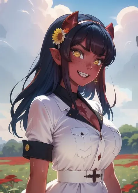 8K, 4K, masterpiece, freckles, blushing, busty, dark red moon, outside, magic, angry, looking at you, teeths, huge smile, milf, half slimmy, wet, naughty, enormous breast, huge oppai, tits, XXL-Cup, <lora:esdeath-10:0.8>, Esdeath, blue hair, a beautiful and detailed image of meru , merunyaa,(red skin:1.3), horns,clothed,(freckles), flowing white dress, ((transparent clothing)), backlighting, field of flowers, holding flower, flower hair accessory, yellow eyes,smile, clouds,in front <lora:meruv1:0.6>