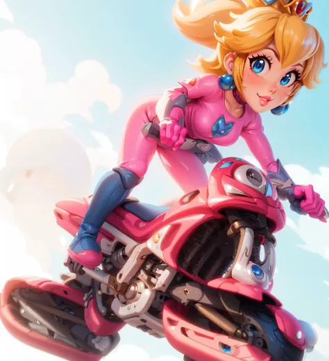 highres,masterpiece,perfect lighting,bloom,cinematic lighting,adult,perfect skin,female,smile,narrow waist,skinny,<lora:PrincessPeachMovie:0.7>,(princesspeach:1.1),(princess peach:1.1),choker,detailled eyes,blue eyes,sensual,mushrooms,mushroom kingdom,pink lips,(glossy lips:1.21),pursed lips,glossy skin,oily skin,beautiful light,(day:1.3),bright,pink jumpsuit,motorcycle,hover bike,<lora:3DMM_V10:0.6>,3dmm,boots,