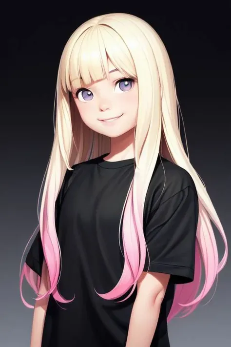 child,childish,cute,beautiful,lovely,(girl,1girl,middle school girl),blonde,white,european,ultra detailed skins,bangs,((long hair)),chubby,lovely lips,(smile),highlights,realism,gradient, gradient background, halftone, halftone background, a photorealistic painting,photorealism,Artgerm,fantastic,pink skin,blush,cgstudio,ultra detailed face,realistic,medium full shot:1.5,dark,darkish,horror,warm,black background,(black t-shirt),