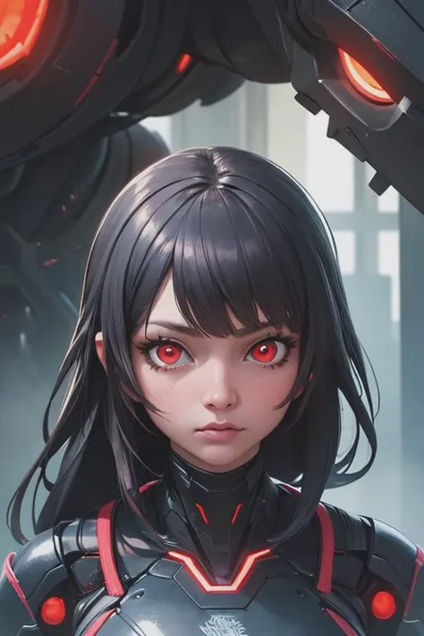 anyaC3, ((best quality)), ((masterpiece)), (detailed), Midjourney Style, close-up, woman, robot, red eyes, concept art, inspired by Marek Okon, digital art, Crysis Nanosuit, futuristic, (glowing elements:1.1), 4:3 aspect ratio, dynamic duo
