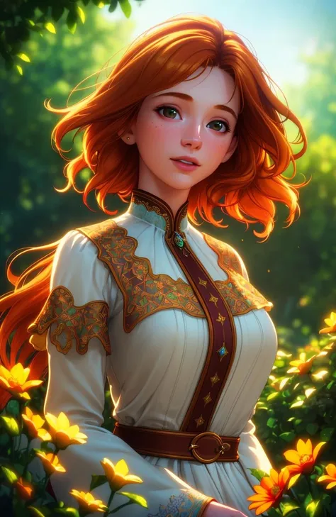 masterpiece, best quality, (colorful), cinematic lighting, extremely detailed CG unity 8k wallpaper, beautiful detailed face, an extremely delicate and beautiful, (dynamic angle:1.1),outdoors, ginger hair, photo of skinny 20yo girl, happy, soft, masterpiece, volumetric light, best quality, complimentary colors, dramatic lighting, intricate details, subsurface scattering,