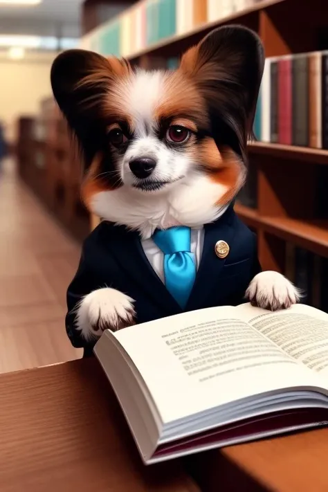 small dog, <lora:JeanThePapillion:1>, JeanThePapillion, wearing suit and tie, table, reading (book:0.6), holding (coffee:0.9), detailed background, library background, no humans, animal, (furry:1.1), paws, (intricate details), hdr, (intricate details, hyperdetailed:1.2), cinematic shot, centered