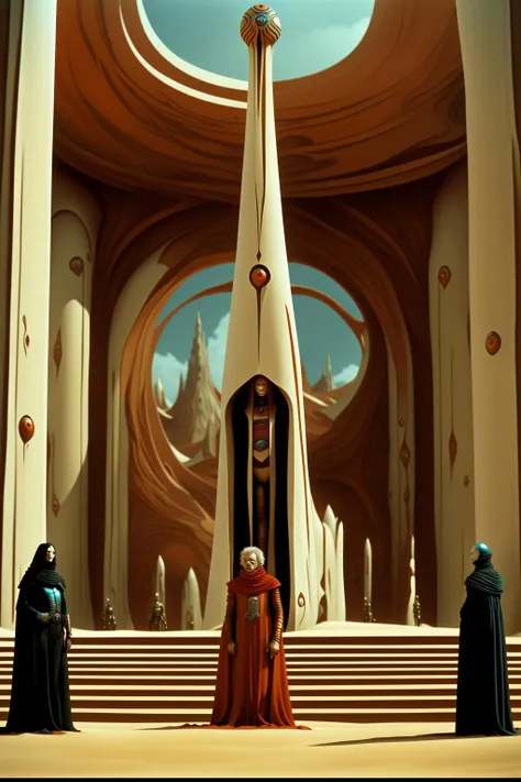 a character from dune movie, a woman in a red dress standing in a church , red eyes, standing, outdoors, sky, day, cape, blue sky, no humans, building, scenery, cloak, pillar, statue, white cloak , sci fi, two people are playing a video game in a room