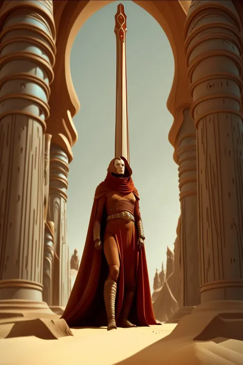 a character from dune movie, a woman in a red dress standing in a church , red eyes, standing, outdoors, sky, day, cape, blue sky, no humans, building, scenery, cloak, pillar, statue, white cloak , sci fi, a man with a beard and a scarf on