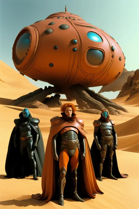 a character from dune movie, a group of people standing in front of a giant red object , blonde hair, multiple boys, cape, armor, robot, letterboxed, mecha, cloak, 6+boys, retro artstyle, 1990s (style), 1980s (style), desert, army , sci fi, two men standing in a dark room with a couch