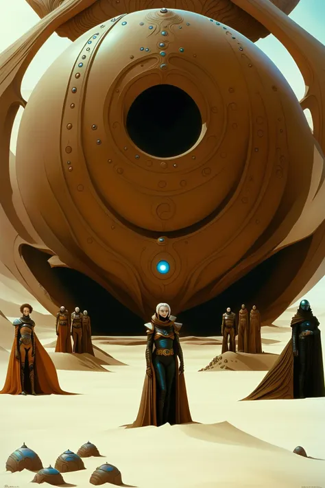 a character from dune movie, a woman standing in front of a stage with a tv , multiple boys, indoors, cross, robe , sci fi, a group of large concrete spheres sitting on top of a snow covered field