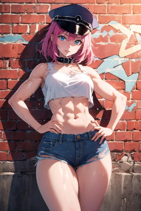 masterpiece, ultra high quality cg, best quality, perfect image, 1girl, poison (sf), peaked cap, collar, white top, crop top, wet top, jeans shorts, toned body, abs, wide hips, curvy, mature, (torn clothes), hands on hip, cel-shaded, from below, abandoned building, graffiti, brick wall
<lora:streetFighterPoison:0.7>