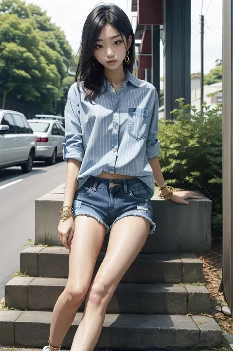 <lora:psoft_my_dress-up_darling_v1.0:1>,1girl,legs,bare_feets,shoes,kitagawa marin,striped shirt,denim shorts,bracelet,masterpiece,best quality,highly detailed,