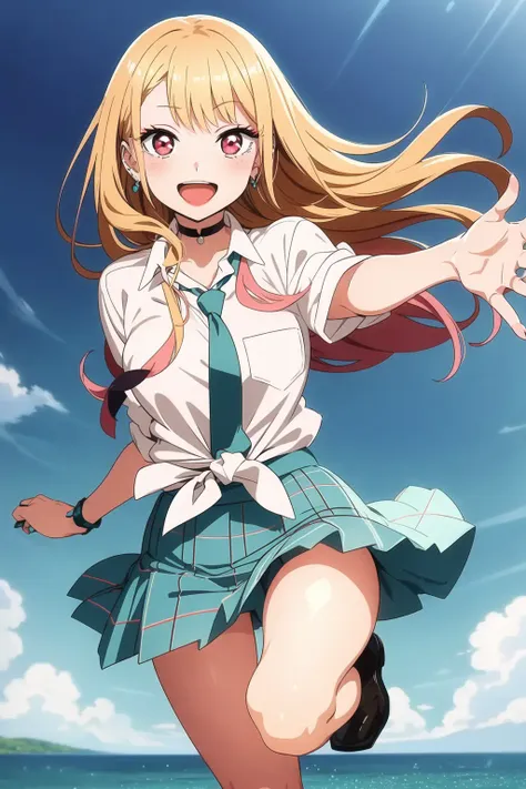 kitagawa marin, kitasch, running, wind lift, floating hair, :d, tied shirt, cyan necktie, reaching out, 
<lora:sono-bisque_v4.0b:1>, masterpiece, best quality, highly detailed