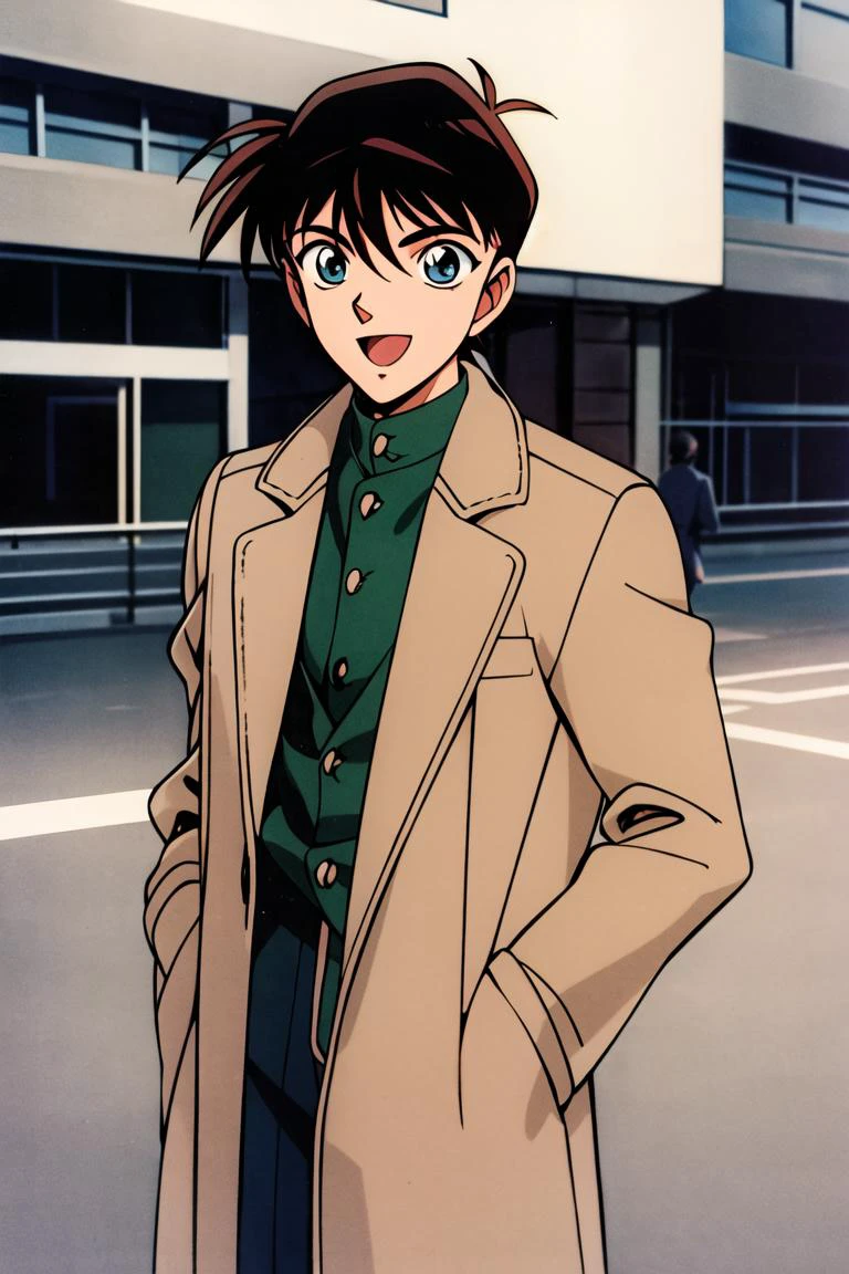 masterpiece,best quality,highres,<lora:Kudou Shinichi_:0.7>,1990s \(style\),beautiful eyes and detailed face,1boy,solo,<lora:GoodHands-beta2:1>,street,cowboy shot,coat,jacket,open coat,long sleeves,pants,Turn a blind eye,open mouth,smile,