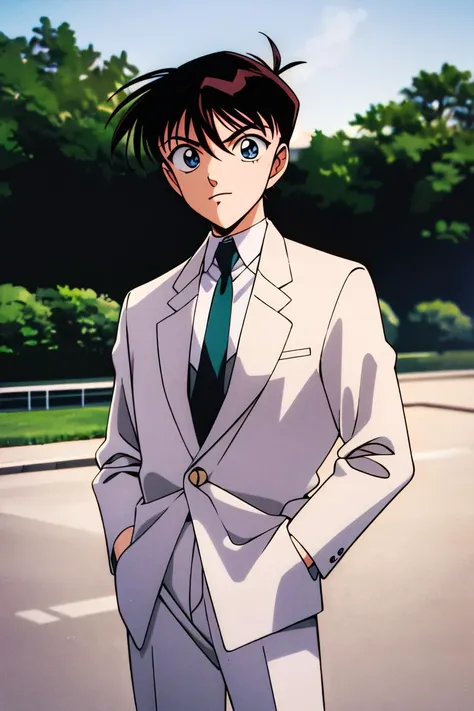 masterpiece,best quality,highres,<lora:Kudou Shinichi_:0.7>,1990s \(style\),beautiful eyes and detailed face,1boy,solo,<lora:GoodHands-beta2:1>,cowboy shot,outdoors,looking at viewer,green necktie,white shirt,long sleeves,pants,black pants,park,