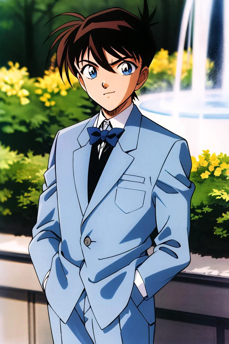 masterpiece,best quality,highres,<lora:Kudou Shinichi_:0.7>,1990s \(style\),beautiful eyes and detailed face,1boy,solo,<lora:GoodHands-beta2:1>,looking at viewer,cowboy shot,Dark blue suit,white shirt,Red bow tie,outdoors,garden,fountain,